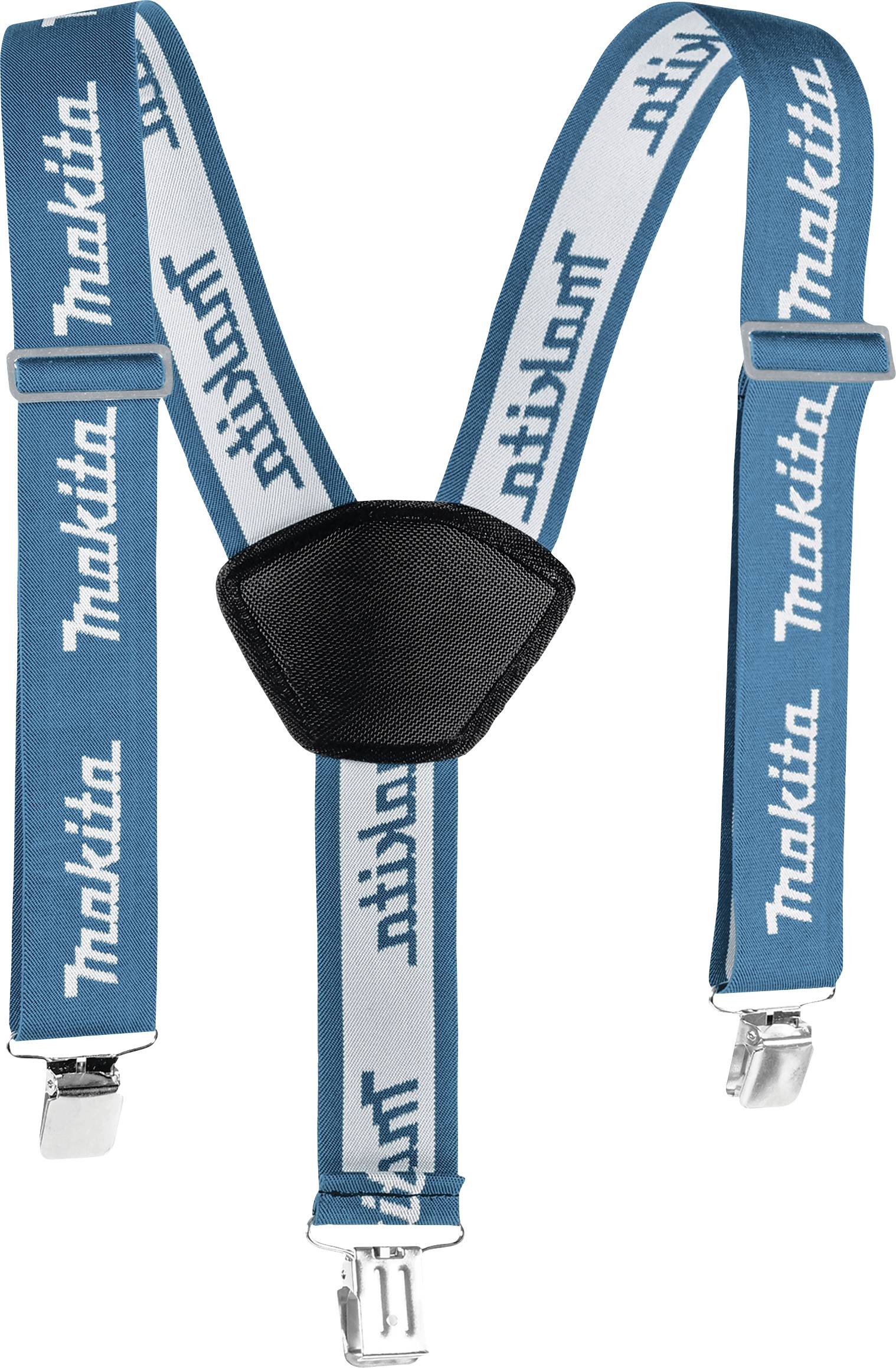 Blue braces with logos. Adjustable clips at the ends.