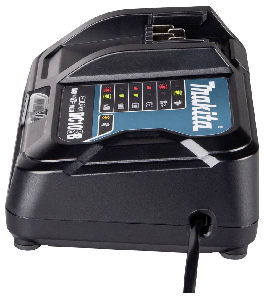 A black Makita battery charger with indicator lights showing different charge levels. A cord extends from the front of the charger.