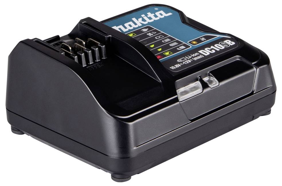 A black Makita lithium-ion battery charger with model number DC18SD. It features LED indicators for charging status.