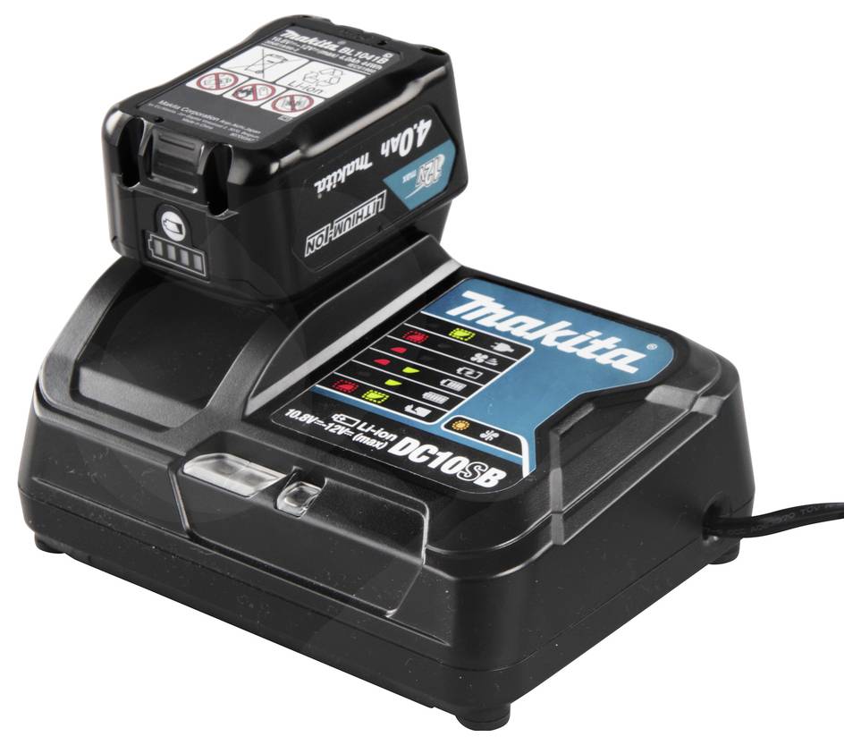 A black Makita charger and battery with indicator lights displays charging status. The battery is labeled with '10.8V' and '4.0Ah'.