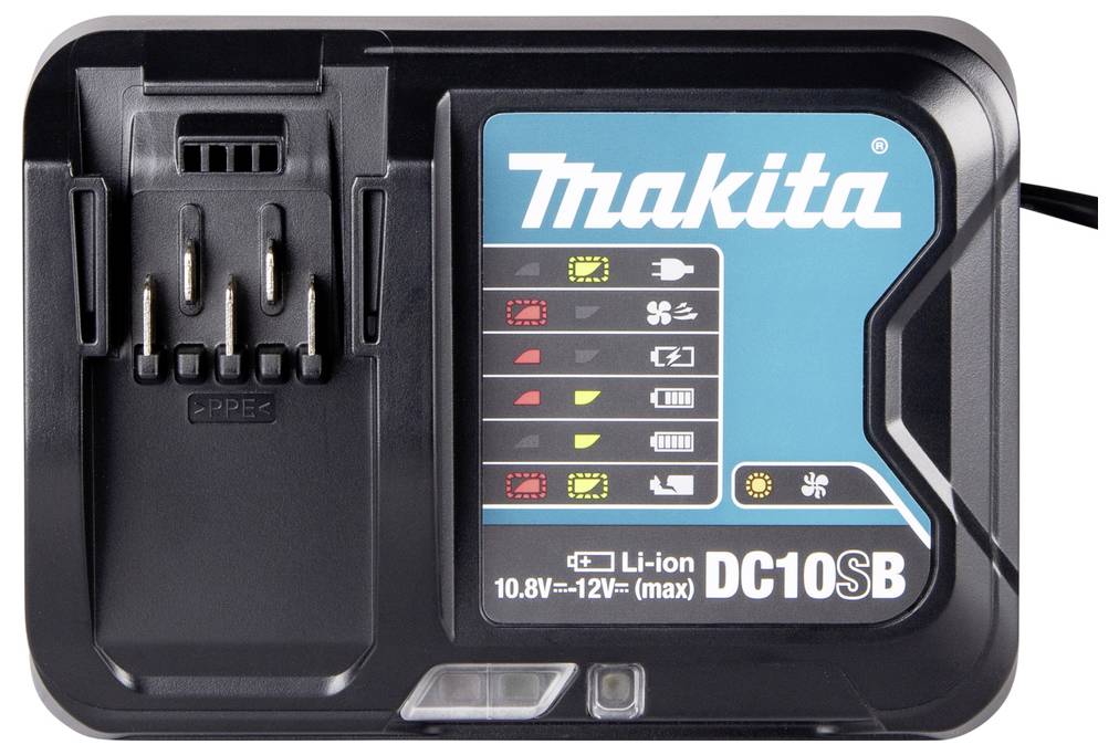 Makita DC10SB Li-ion charger for 10.8V-12V batteries with LED status indicators showing charge, temperature, and error status.