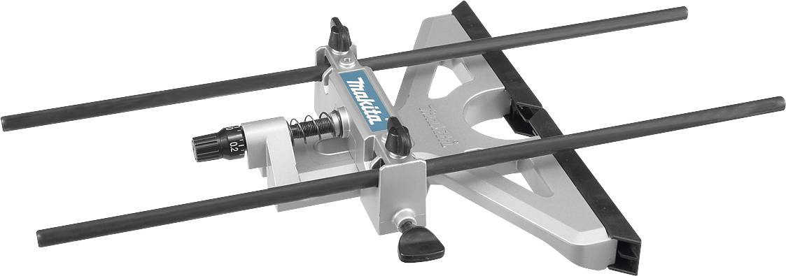 Router guide with blue logo in the centre, adjustable metal rods for precision, lever for fine-tuning, on white background.