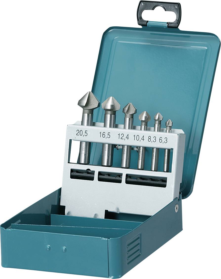 A set of seven countersink drill bits in various sizes in a green metal box.