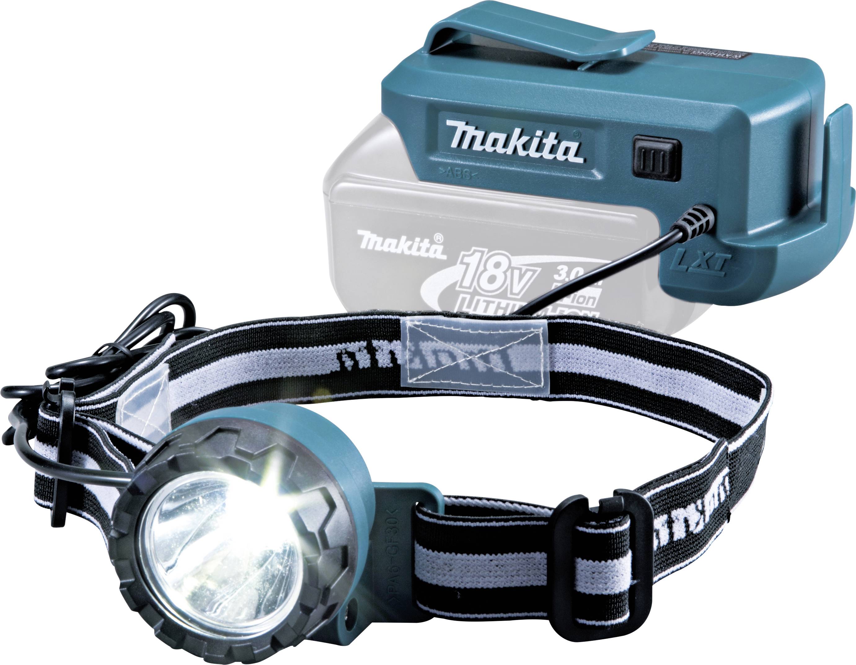 Head torch with elastic band and attached battery. The battery is labelled 'Makita 18V Lithium-Ion'.
