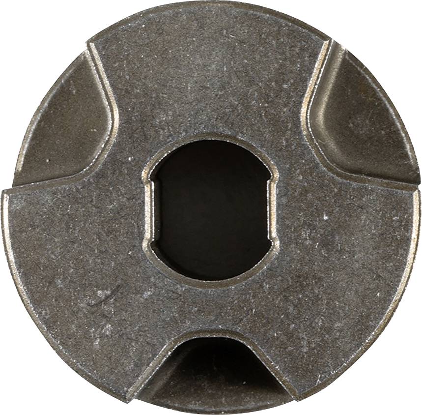 Metallic cylinder with four symmetrical notches and a central aperture, potentially a machine component.