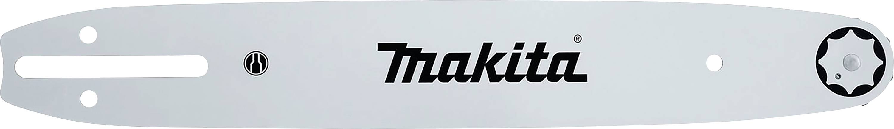 Silver chainsaw bar with black 'Makita' logo and hexagonal pattern on the right. Suitable for chainsaws.