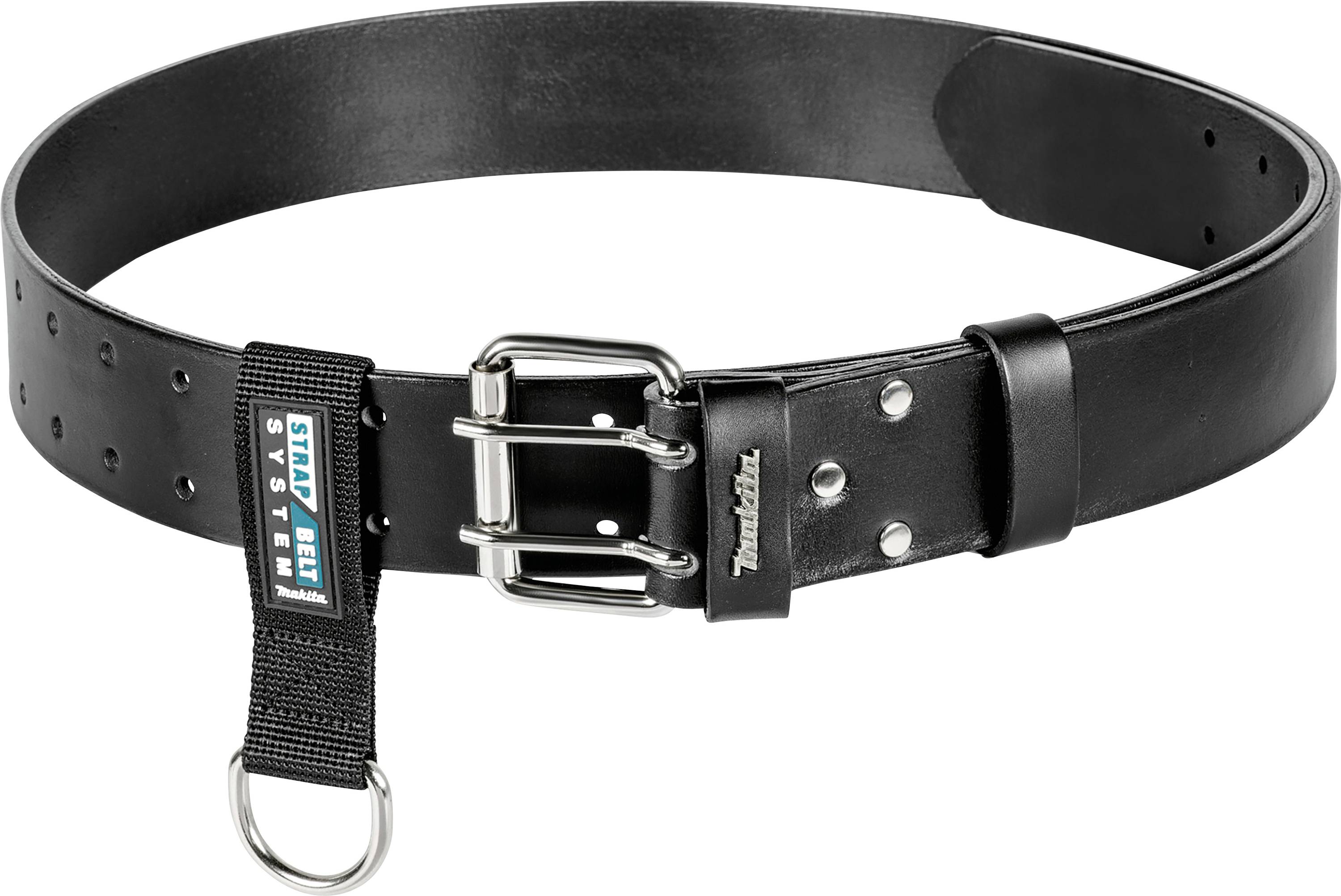 Black leather belt with metal buckle, eyelet, and strap with 'Stay Fit System' inscription. Suitable for fitness or training.