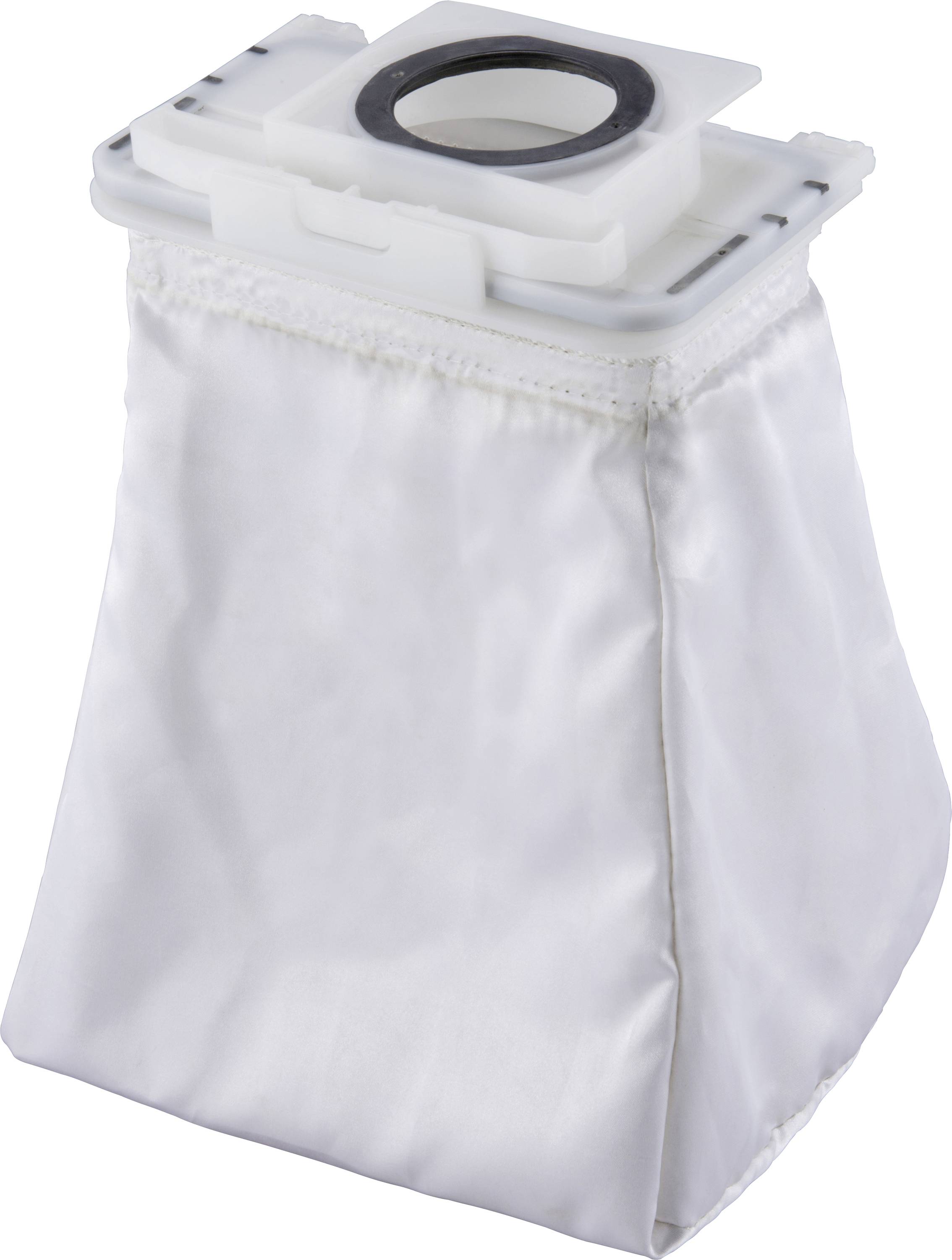A white vacuum cleaner bag with a rectangular nozzle and round rubber sealing ring, suitable for vacuum cleaner replacement.