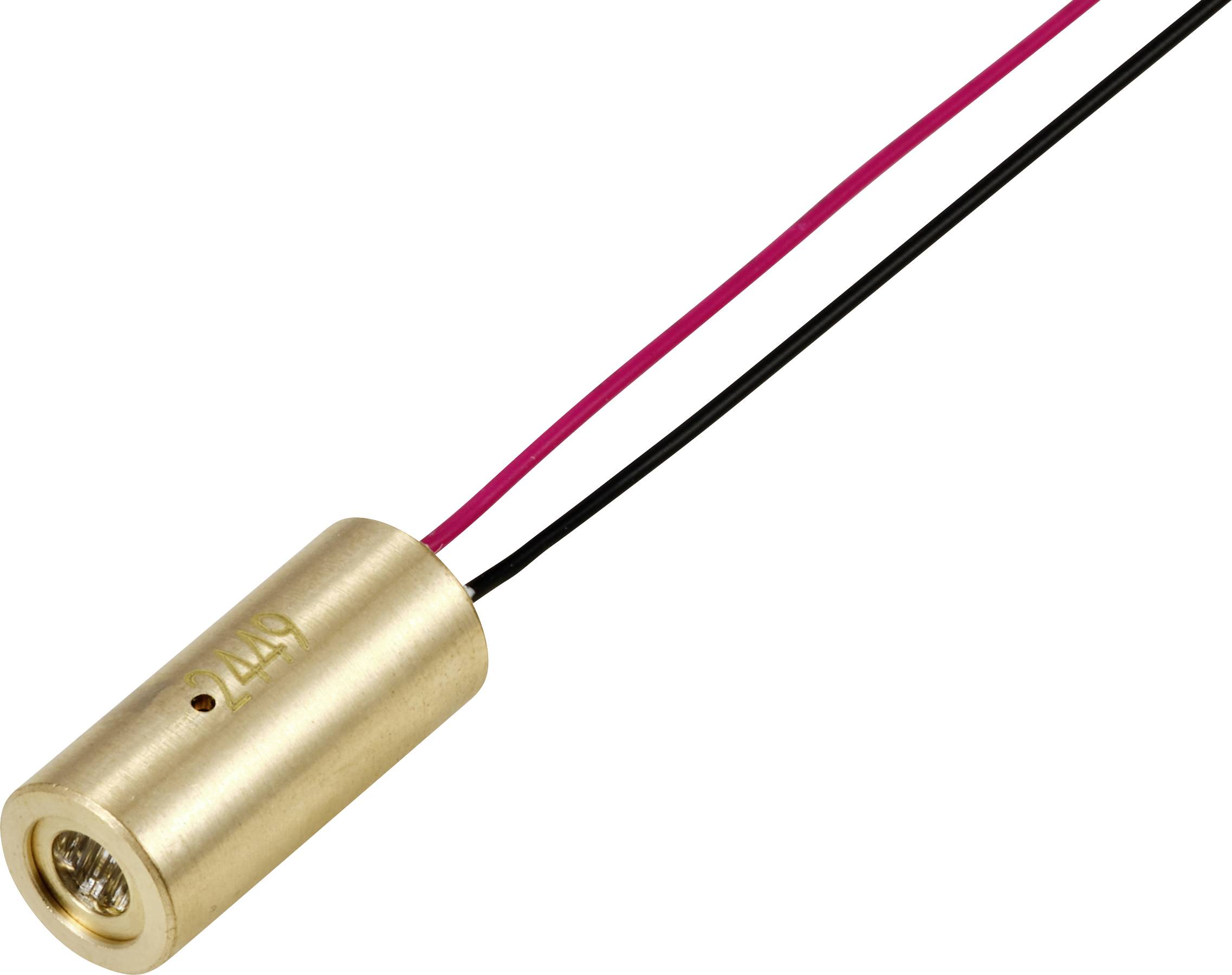 A small brass cylinder with two wires, one red and one black, serves as an electrical component.
