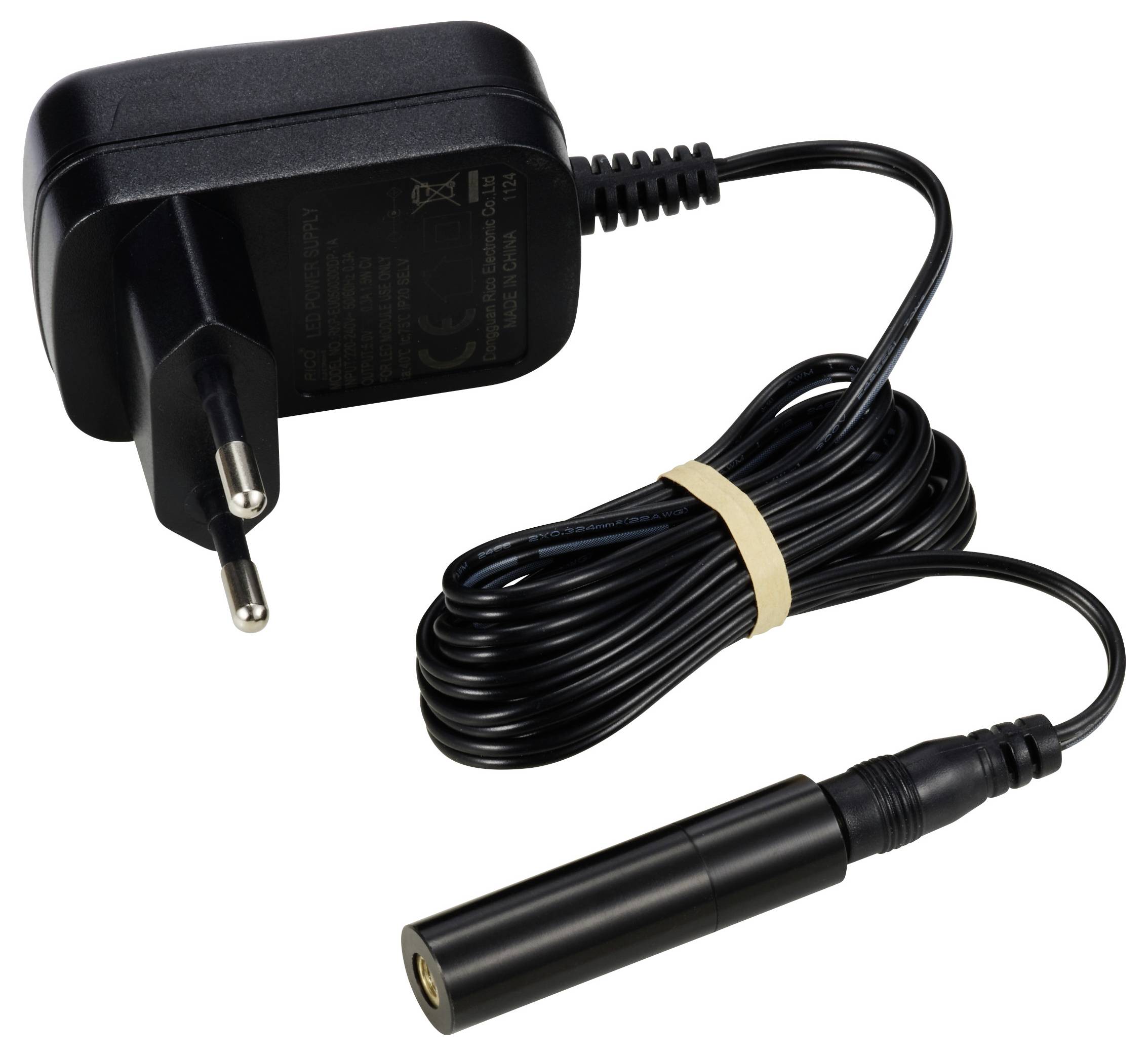 A black power supply with a Europlug and a long, coiled cable. It terminates in a cylindrical connection plug.