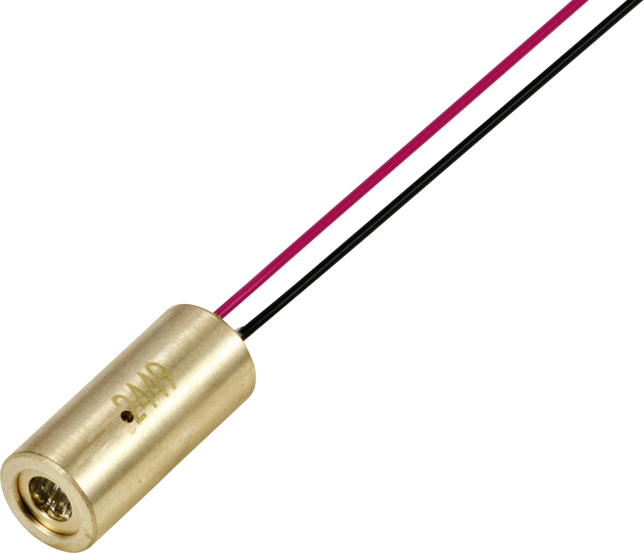 A small golden laser module cylinder with two protruding wires in red and black.