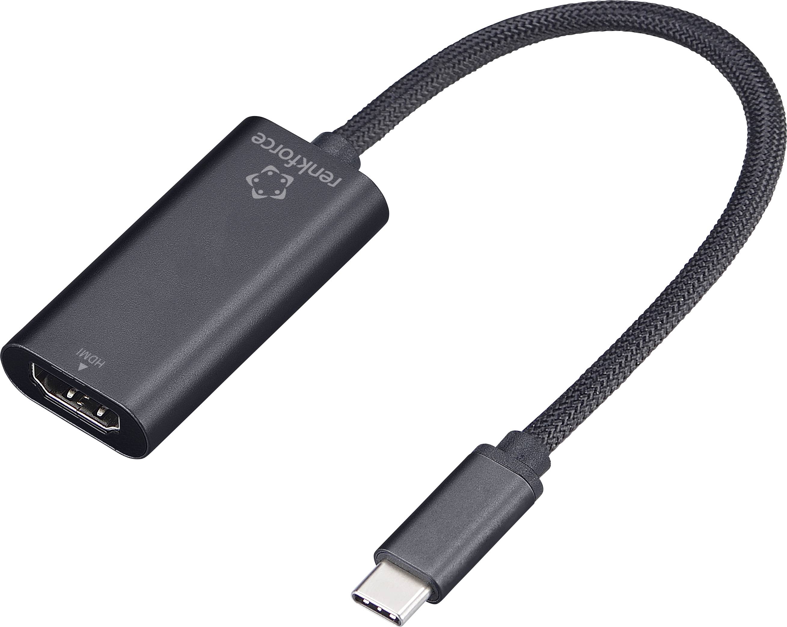 A black USB-C to HDMI adapter with a braided cable, designed to connect devices with USB-C ports to HDMI displays for video output.