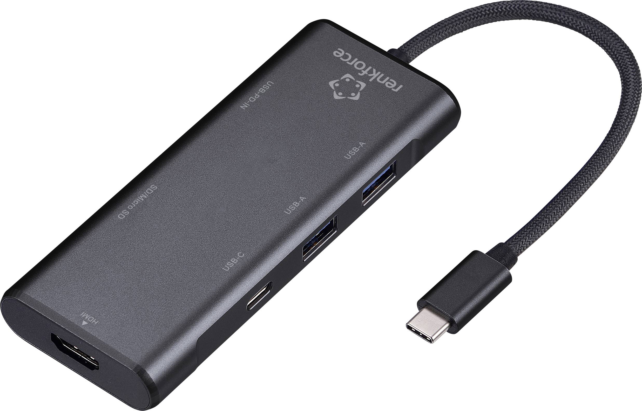 A black USB-C hub with multiple ports, including HDMI, USB-A, and USB-C, for connecting various devices to a computer.