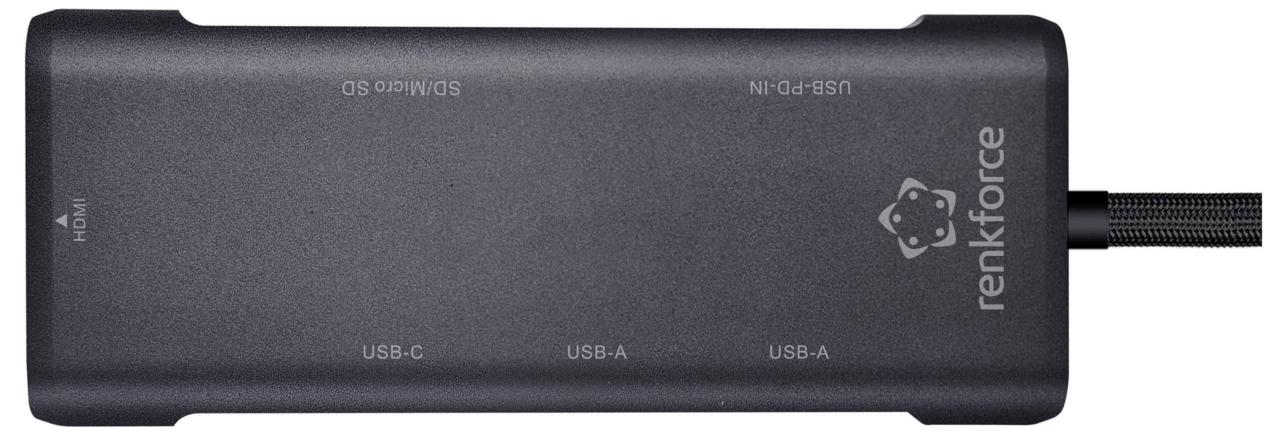 A black Renkforce USB hub with SD/Micro SD, USB-C, USB-A ports, and an HDMI port, used for expanding connectivity of devices.
