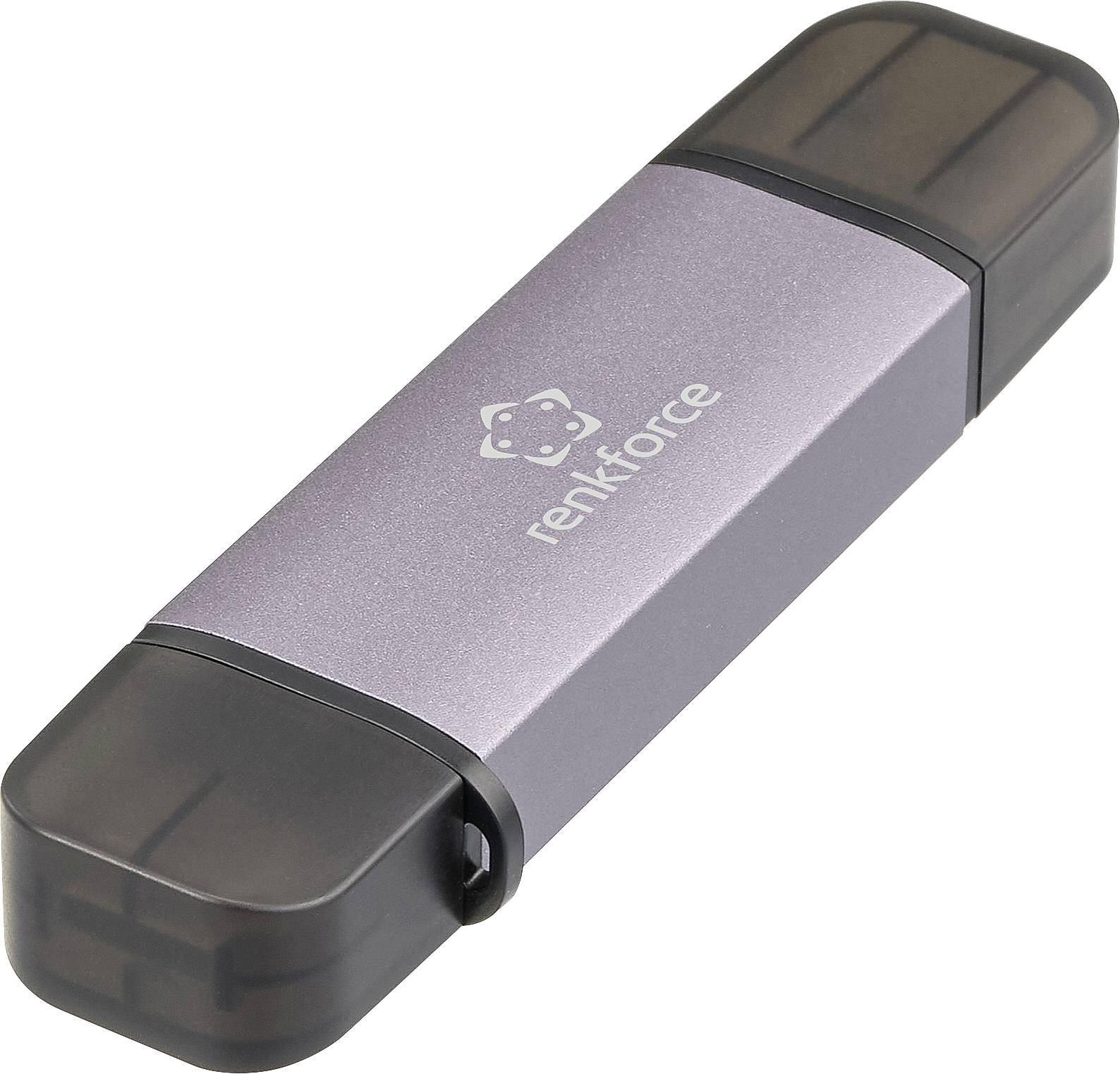 A USB drive in a rectangular shape with a silver casing and dark caps. The brand name 'renkforce' is printed on the casing.