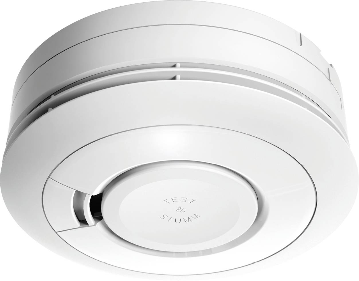 Round smoke detector mounted in white colour on the ceiling.