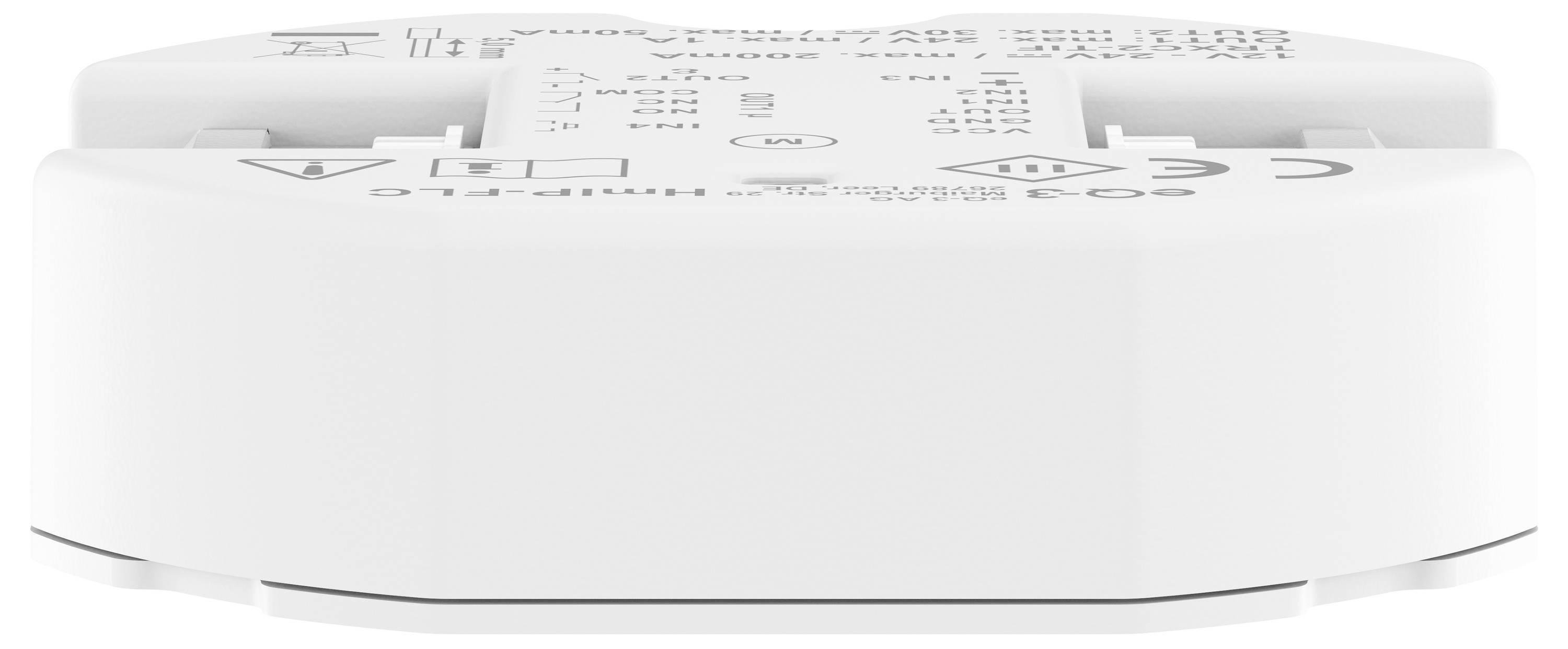 A white, cylindrical LED dimmer with labels and symbols for connections.