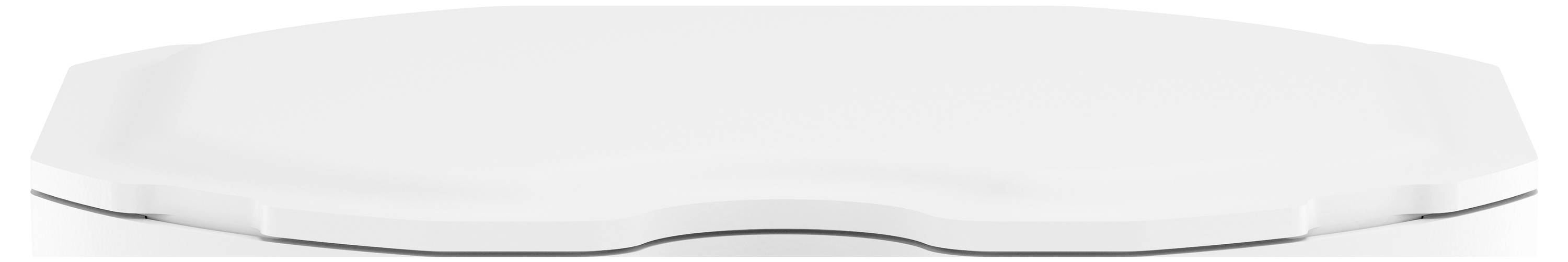 A white, oval lid with a slightly raised edge, placed on a flat surface.