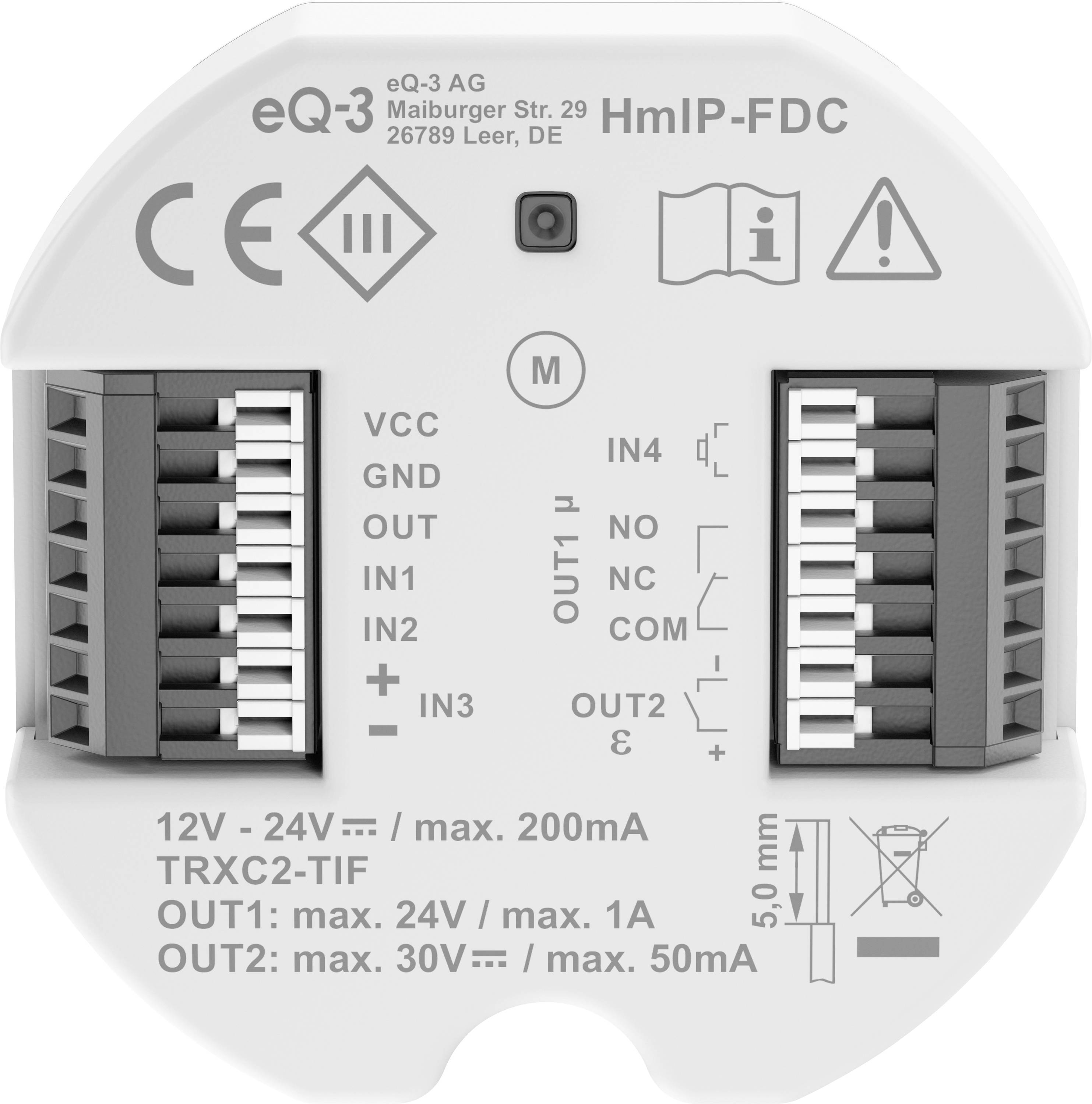 An electronic device with connections and technical specifications for voltage and current, manufacturer information at the top.