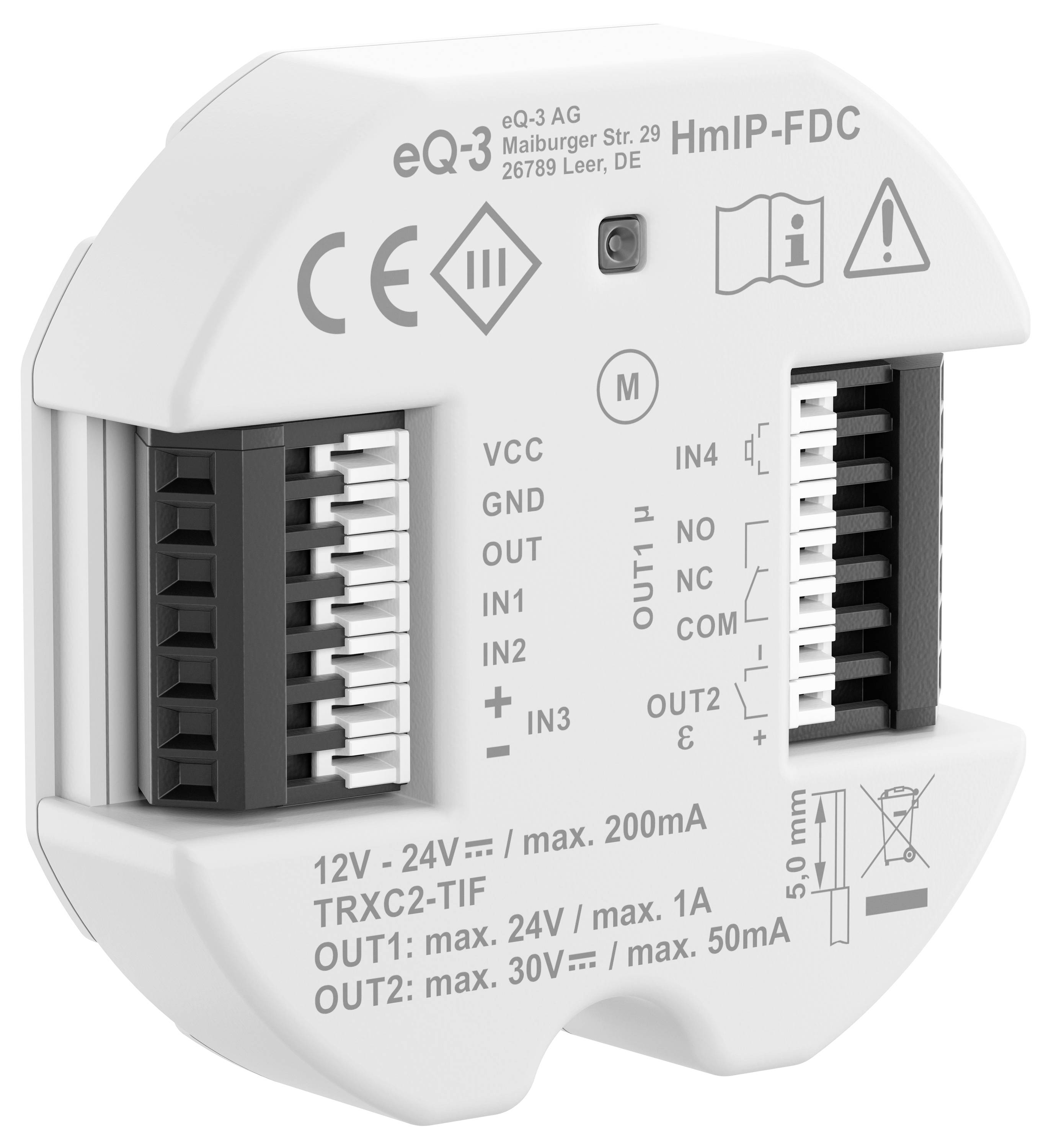 A white, circular electronic device with multiple ports and labels for home automation, showing technical specifications.