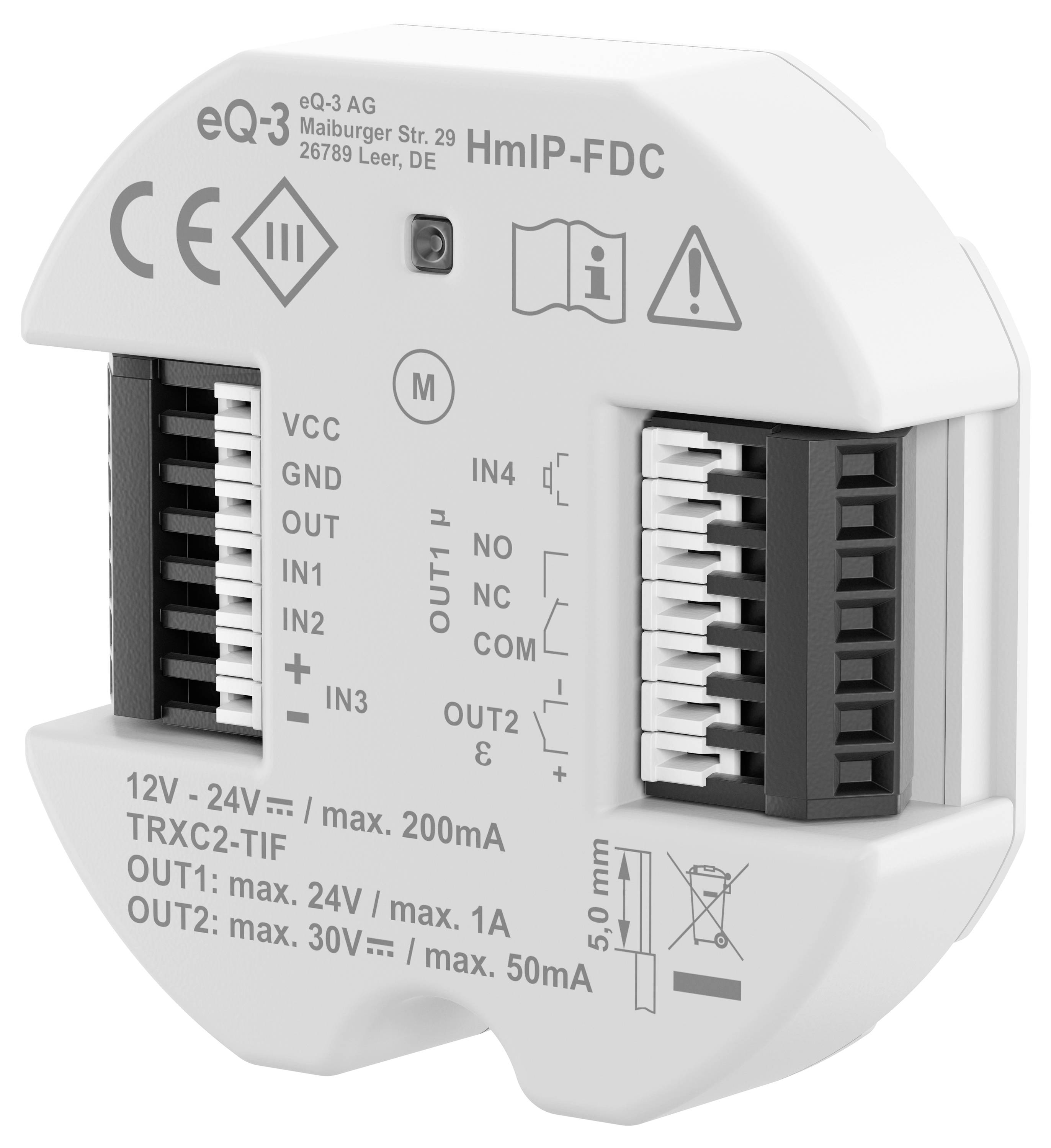 A white, circular electronic device with multiple ports and labels. It displays technical specifications and diagrams.