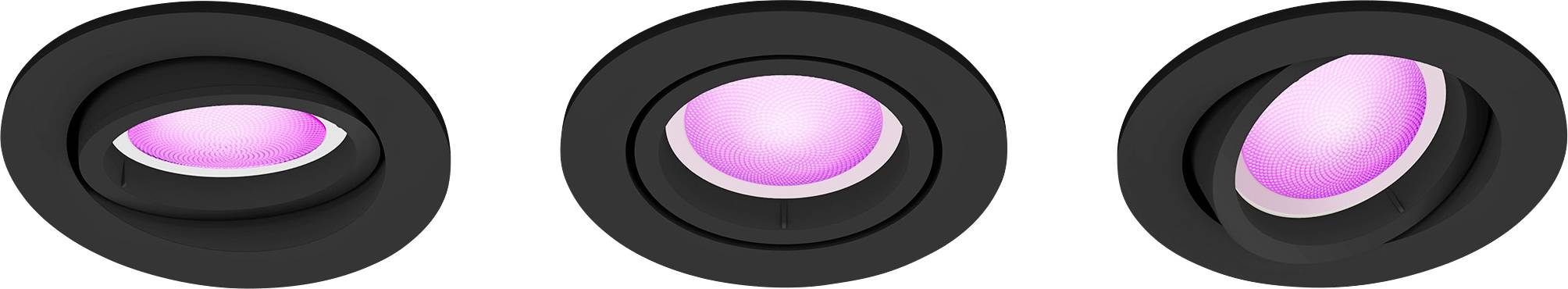 Three black recessed light fittings with pink-glowing lenses, arranged in an even pattern. They are designed in a modern style.