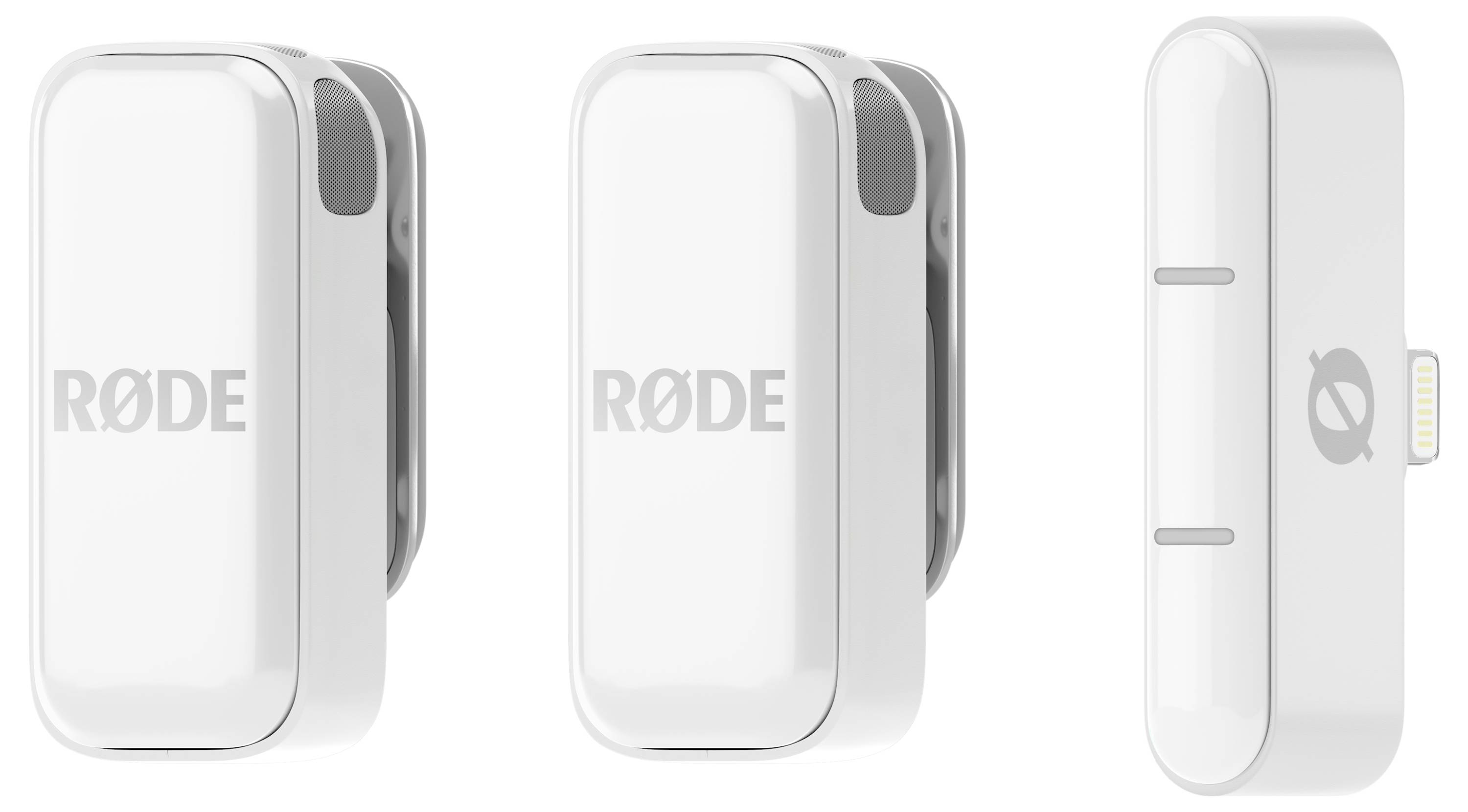 Compact white wireless microphone set by RØDE with Lightning connector, suitable for Apple devices.
