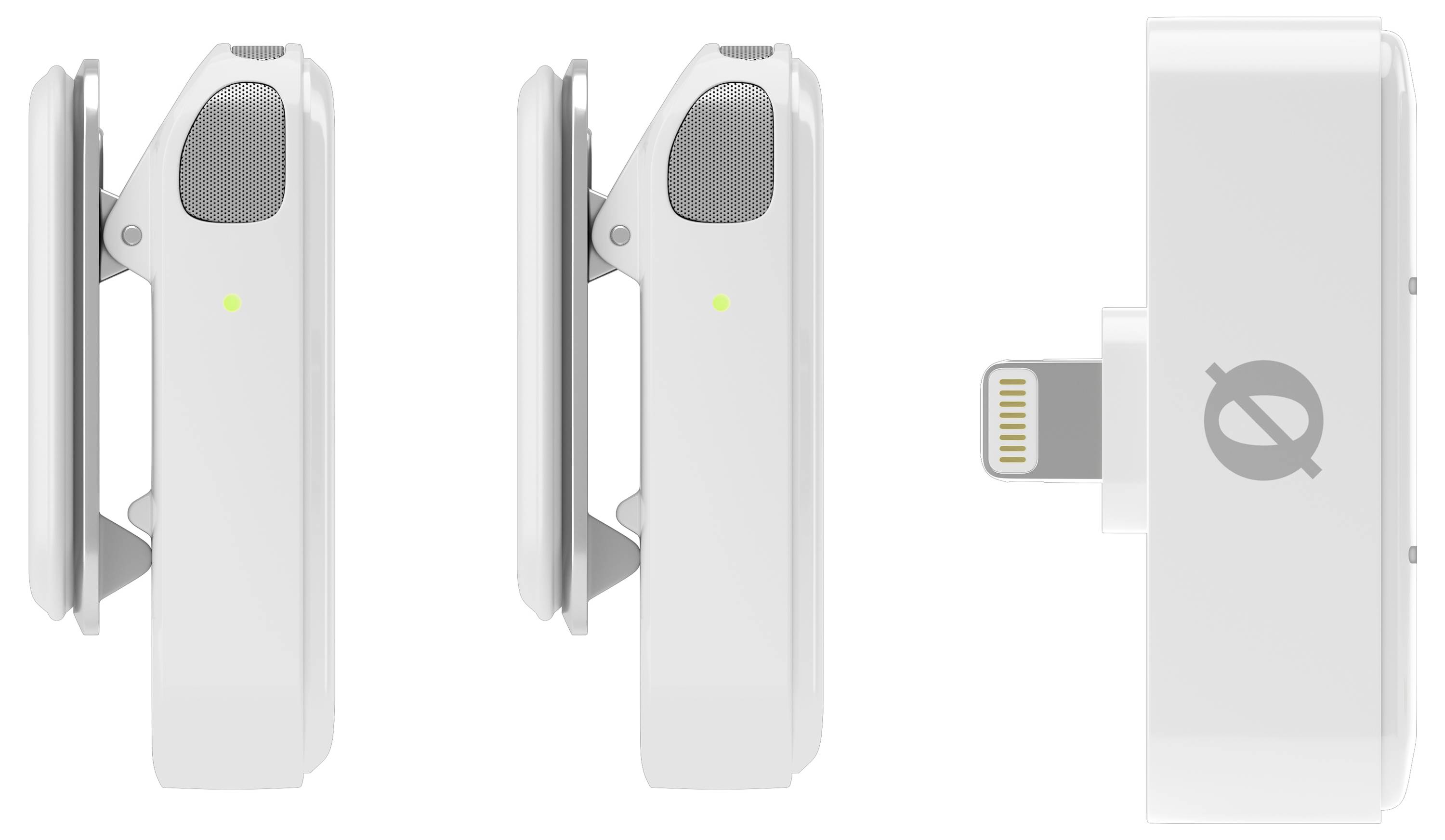 Two white, portable speakers with round speaker grilles and green indicator lights. A Lightning port on the side.