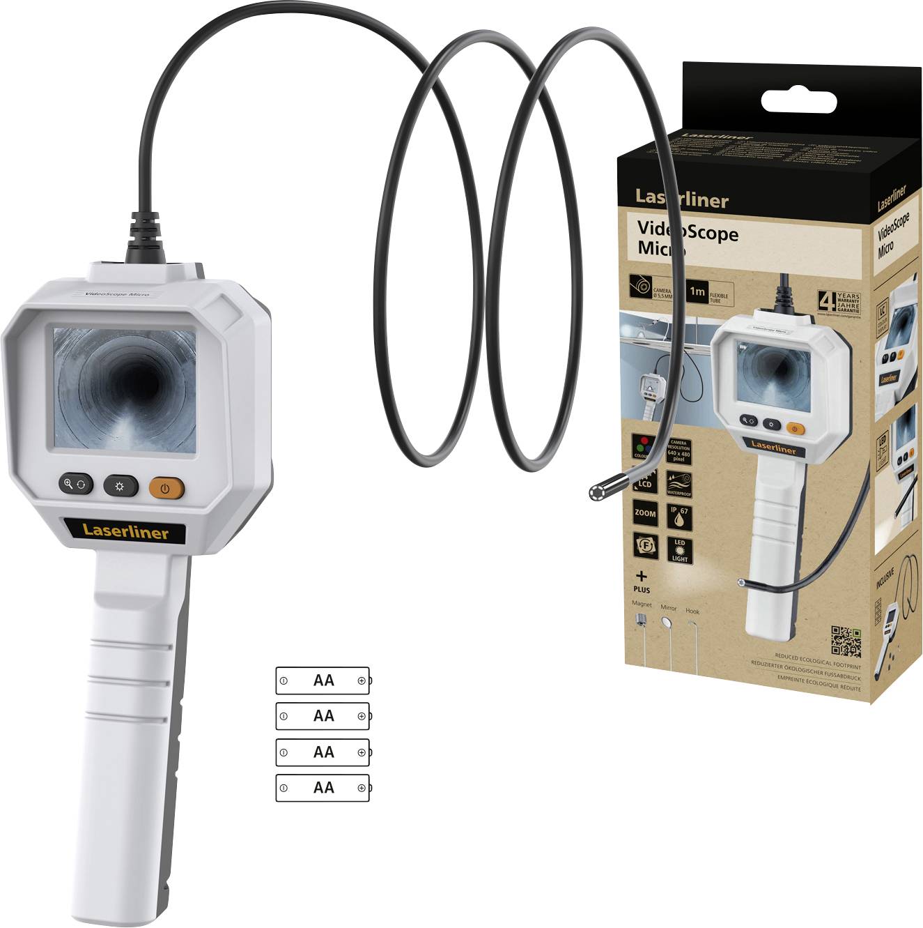 Endoscope camera with screen, flexible cable and packaging. Perfect for inspections in hard-to-reach areas.