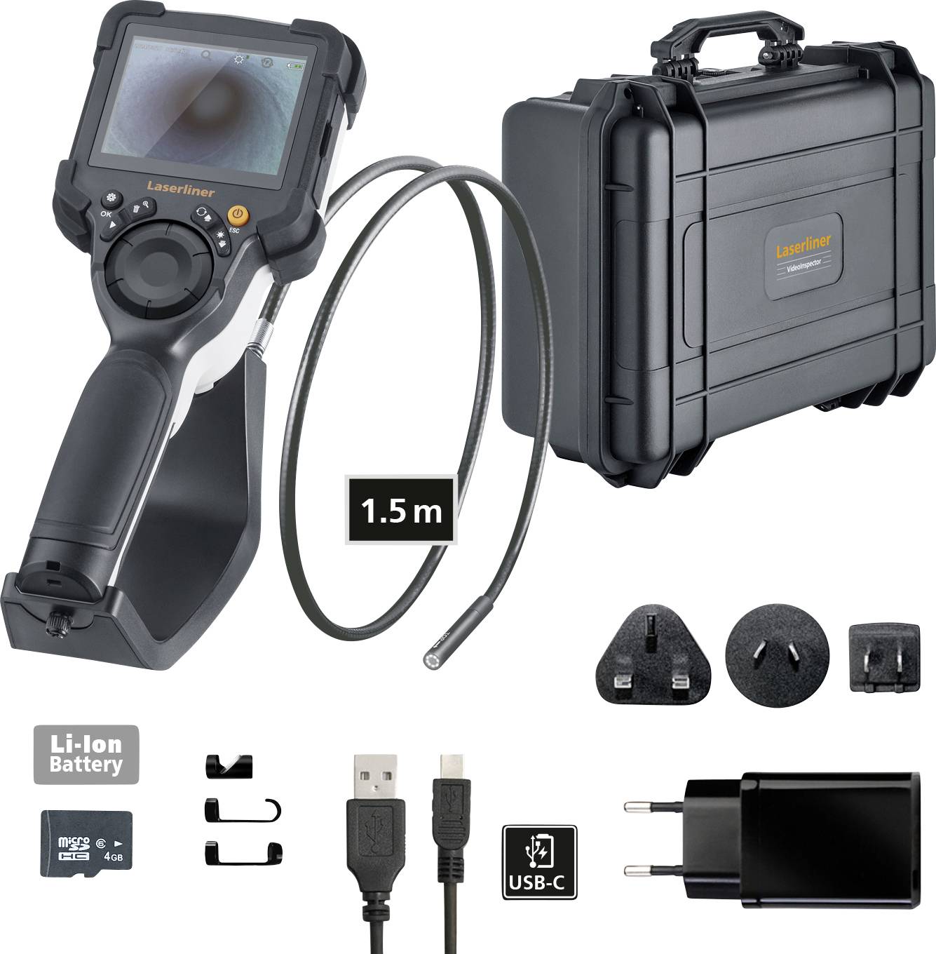 Inspection Camera Set: digital camera with 1.5 m flexible cable, robust carry case, Li-Ion battery, USB-C cable, power supply and adapters.