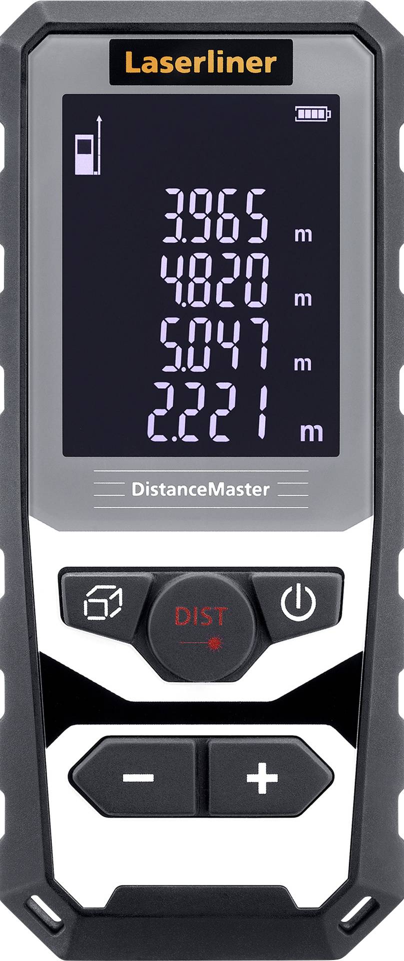 Digital measuring device with display shows various distances in metres: 3.965 m, 4.820 m, 5.047 m, 2.221 m. Brand name at the top.