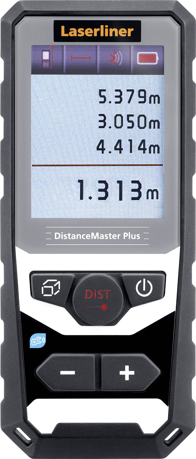 Handy laser distance metre showing four different measurement readings: 5.379 m, 3.050 m, 4.414 m, 1.313 m.
