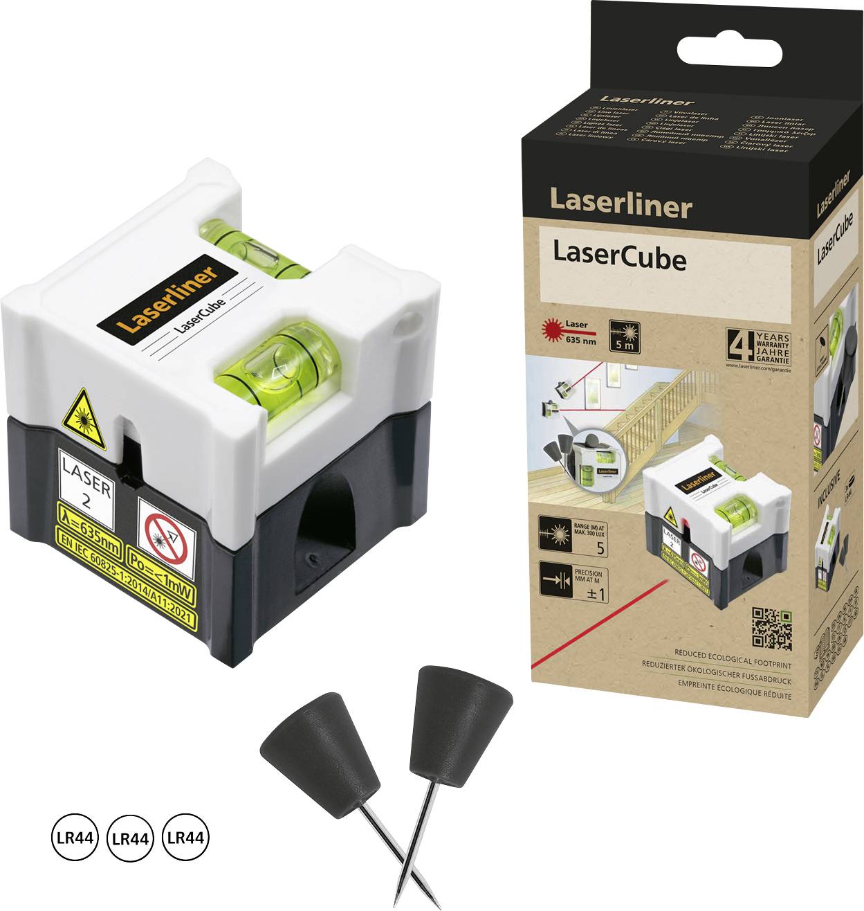 'Laserliner LaserCube' laser spirit level with packaging and accessories; shows spirit level, laser beam and battery sizes.