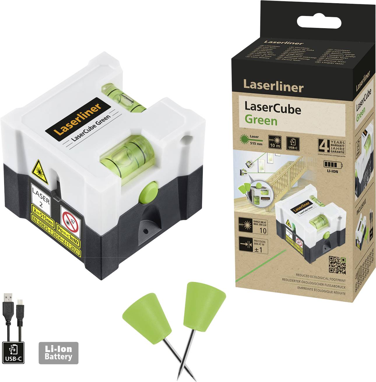 'Laserliner LaserCube Green' is a green cross-line laser with USB-C connection, lithium-ion battery, self-levelling, including tripod thread and case.