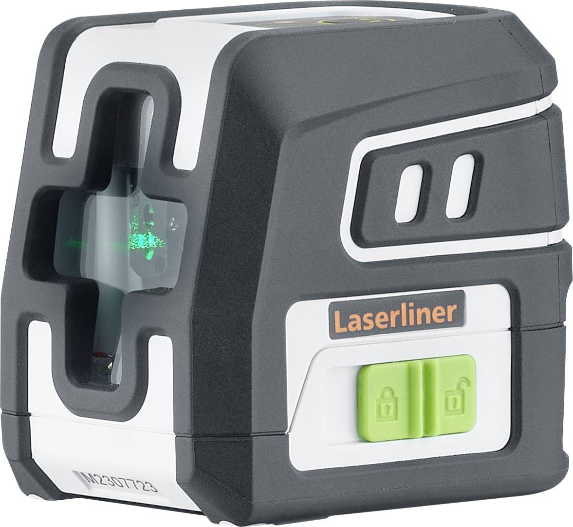 Ein kleiner, würfelförmiger Laser-Entfernungsmesser von Laserliner mit grünem Laserstrahl und zwei grünen Tasten auf der Vorderseite.