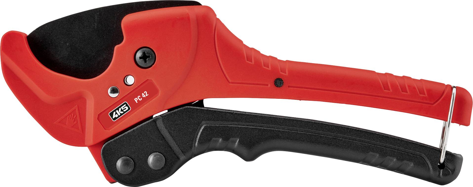 Red and black metal pipe cutter pliers, side view.
