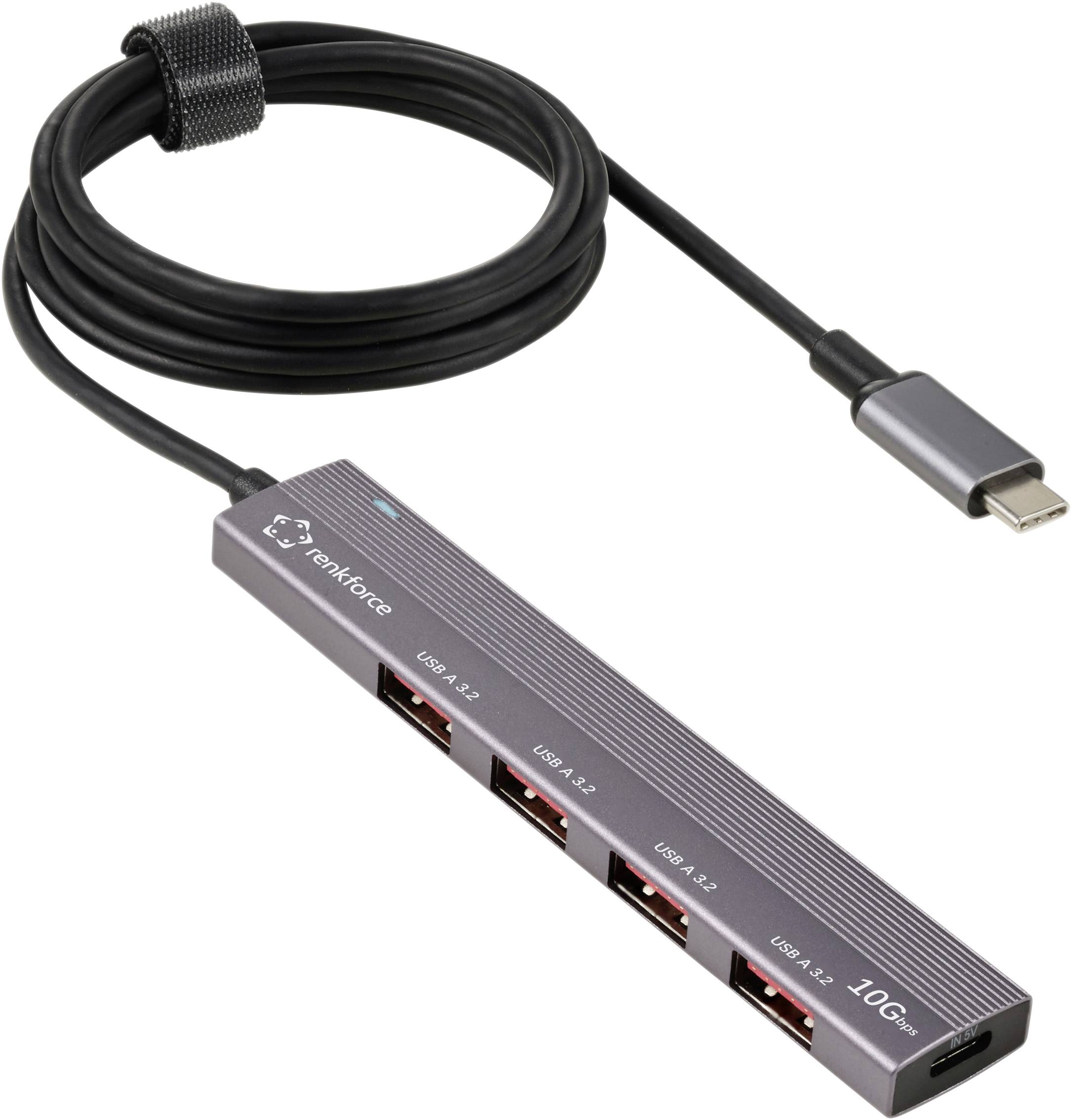 USB hub with four USB-A 3.2 ports and a USB-C cable. Supports 10 Gb/s data transfer.
