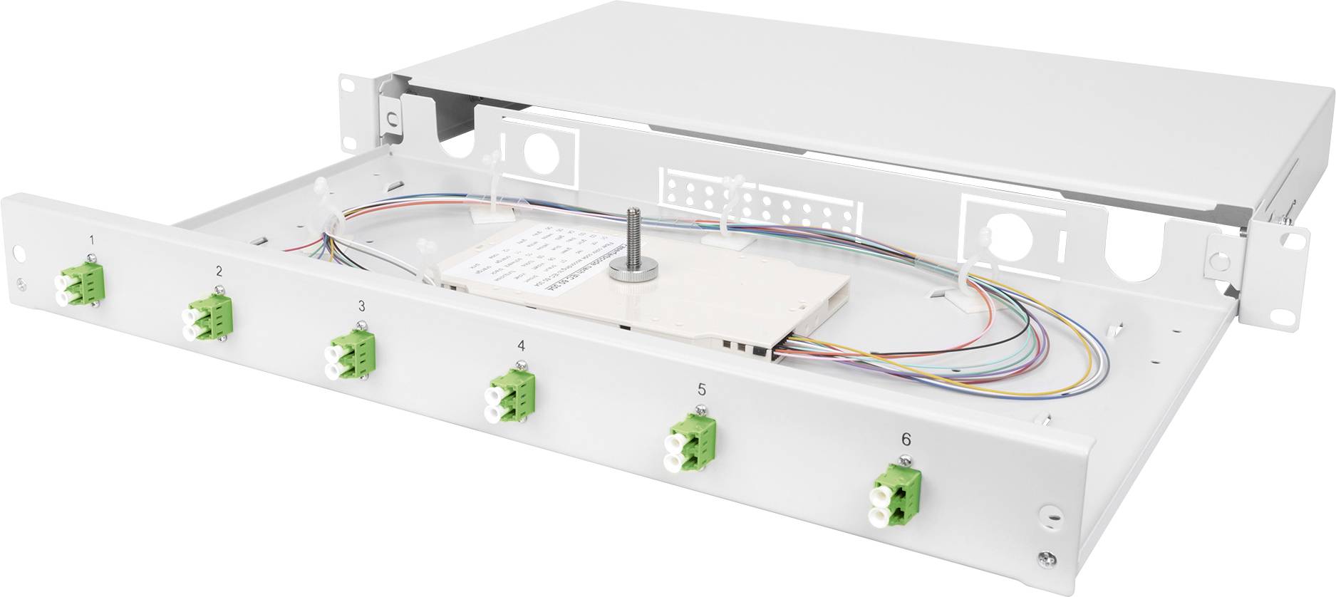 Fibre optic patch panel with six green ports and coloured cables in an open metal frame.