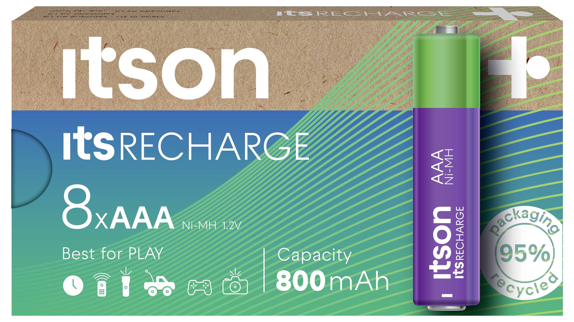 The packaging shows 'itson Recharge' AAA batteries, pack of 8, Ni-MH 1.2V, capacity 800mAh. Packaging made from 95% recycled material.