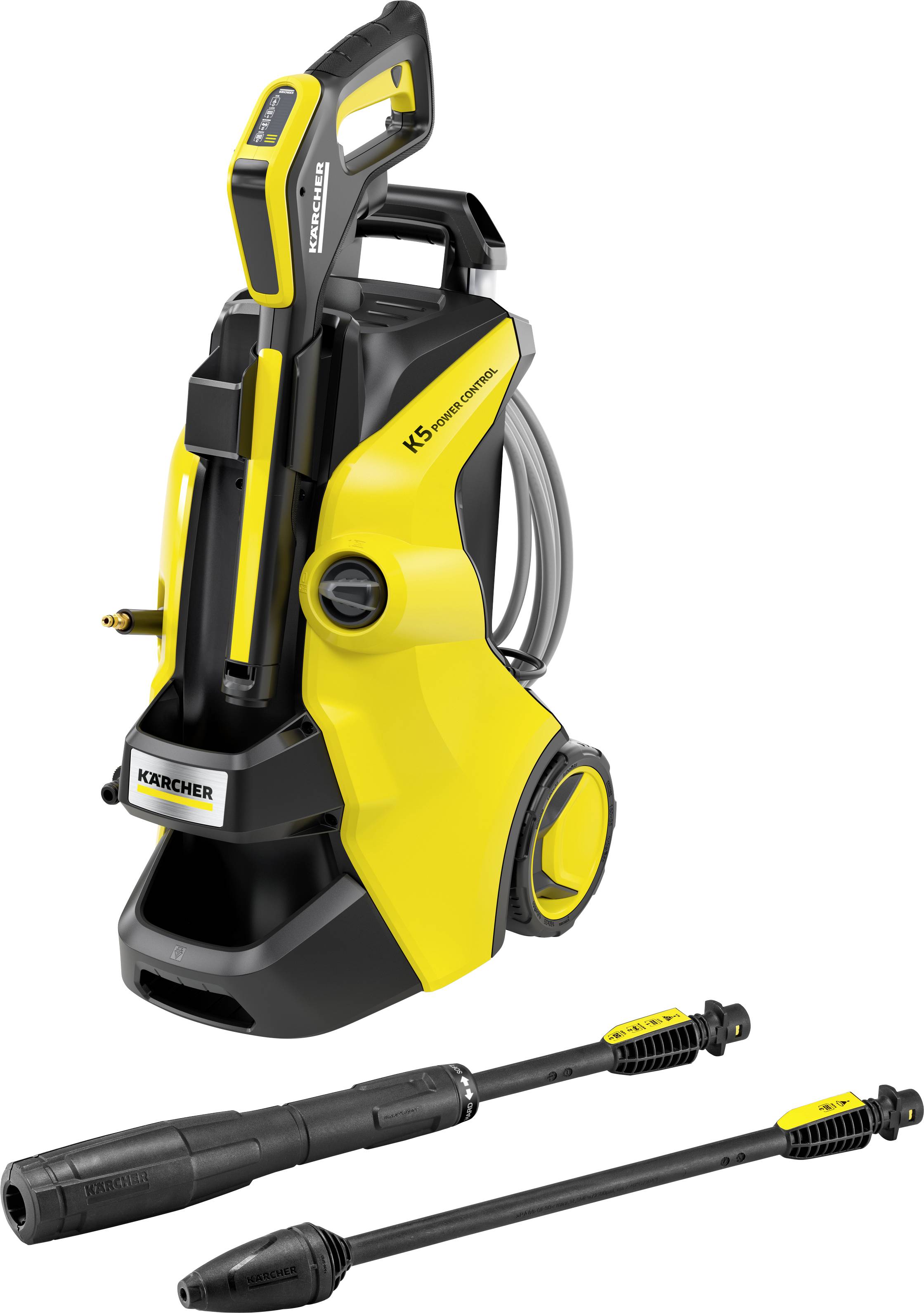 High-pressure washer in yellow and black design with accessories. Perfect for cleaning patios, vehicles, and other surfaces.