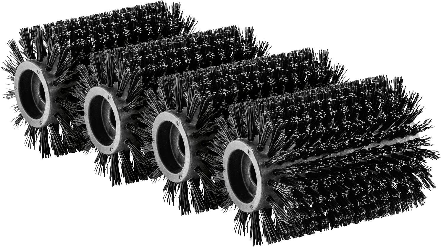 Four black round brush rollers, lined up side by side, with dense bristles for cleaning or floor care.
