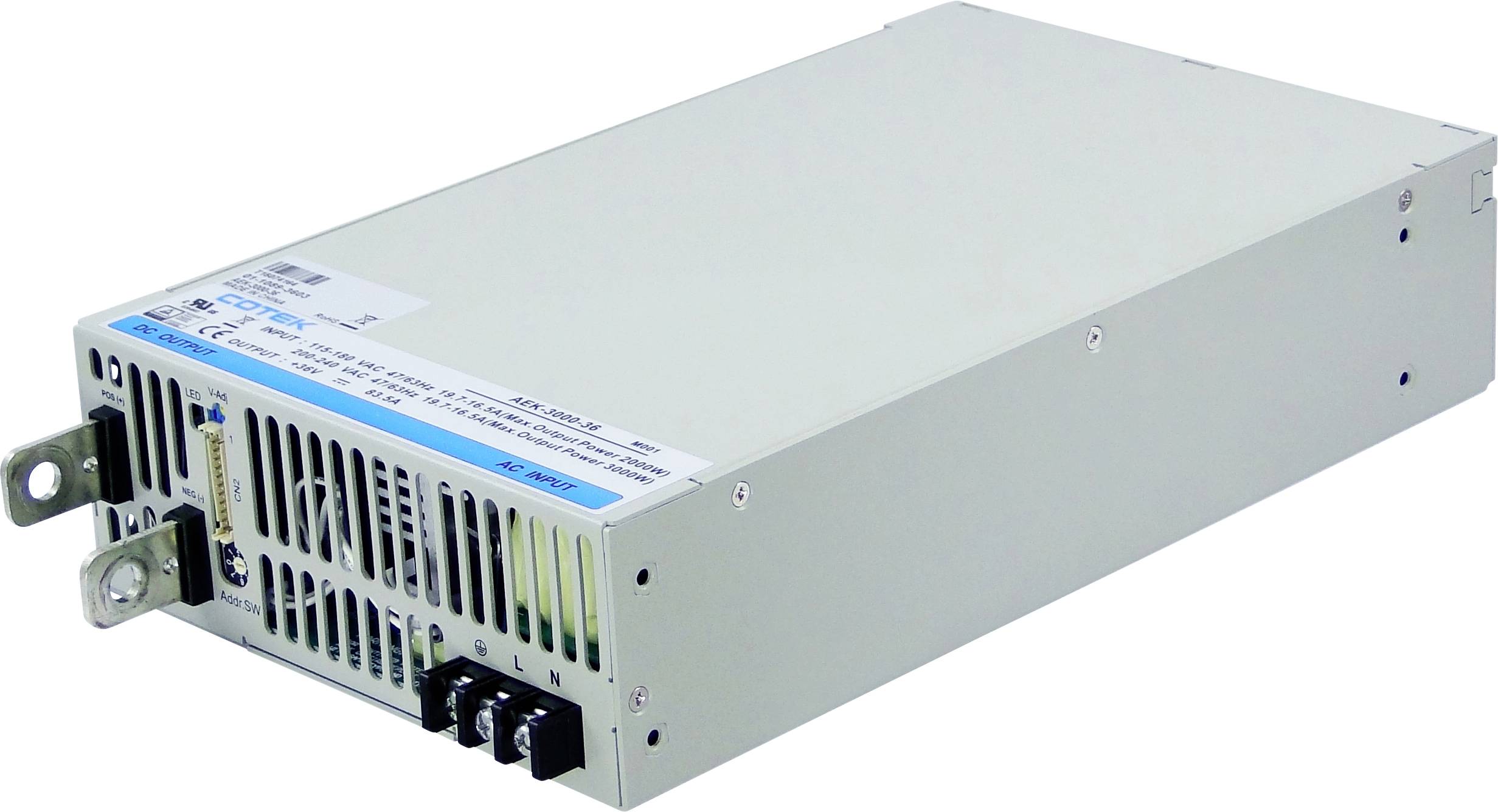 A rectangular, white electronic device with ventilation slots and ports, possibly a power supply unit or amplifier.