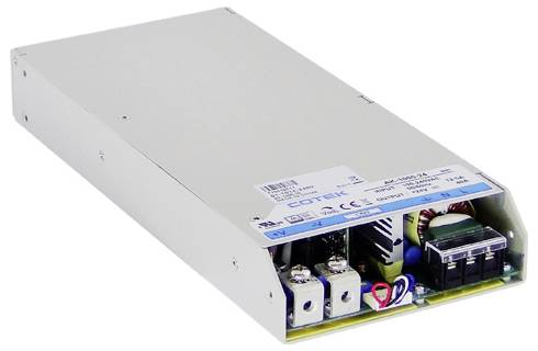 A rectangular power supply unit with a metal shield and multiple connections, suitable for electronic applications and power provision.