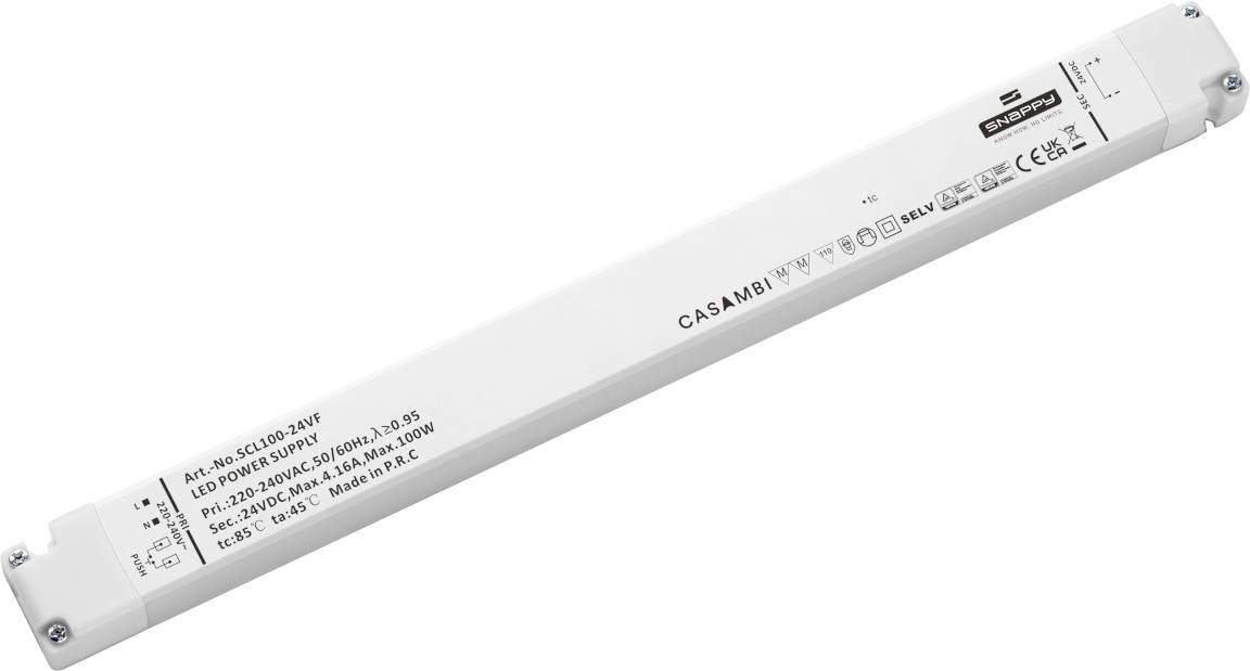 Elongated white LED driver module with printed technical specifications and brand name.