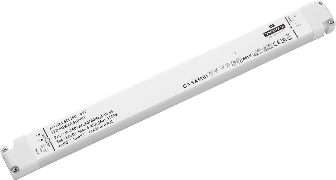 White electronic control unit with 'CASAMBI' inscription. Suitable for LED lighting, various technical specifications.