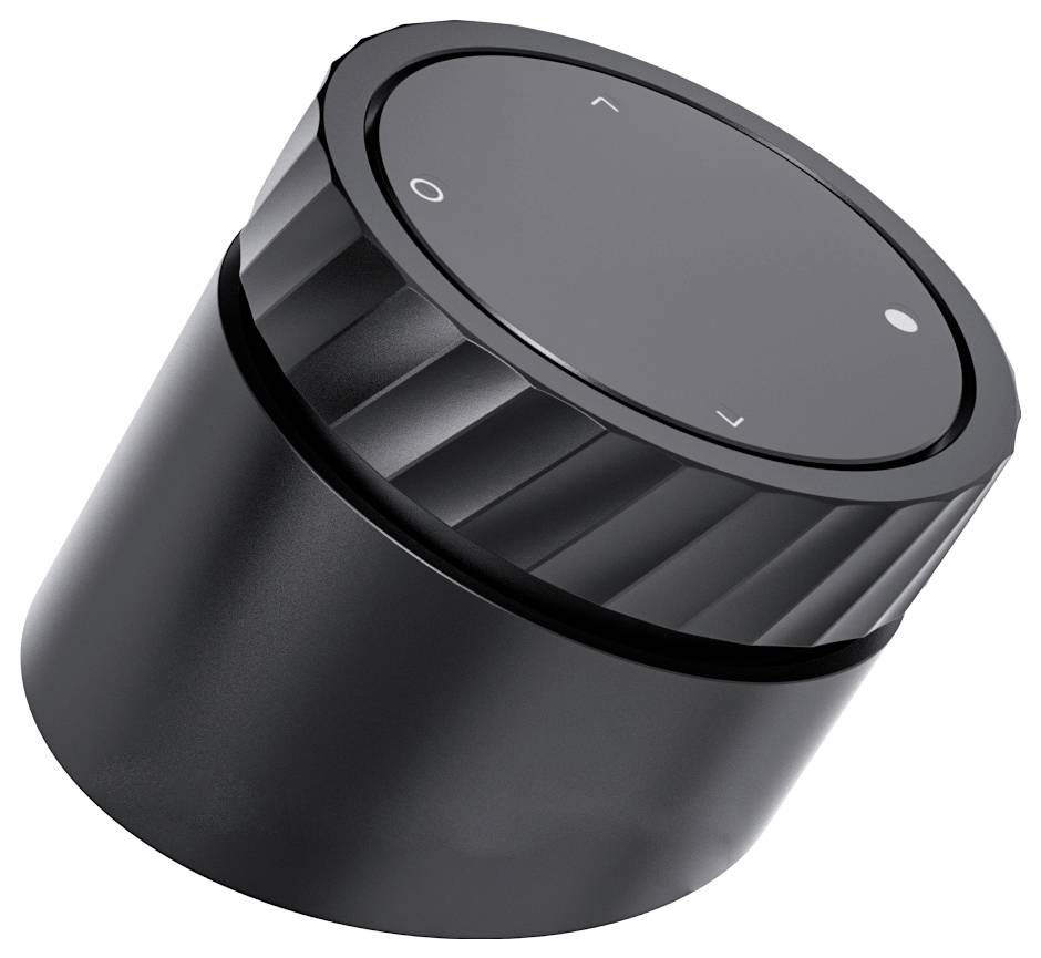 A black volume control with white markings, rotary knob design, indicates position and direction.