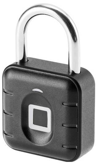 A black padlock with a biometric fingerprint sensor on the front, with a shiny metal shackle.