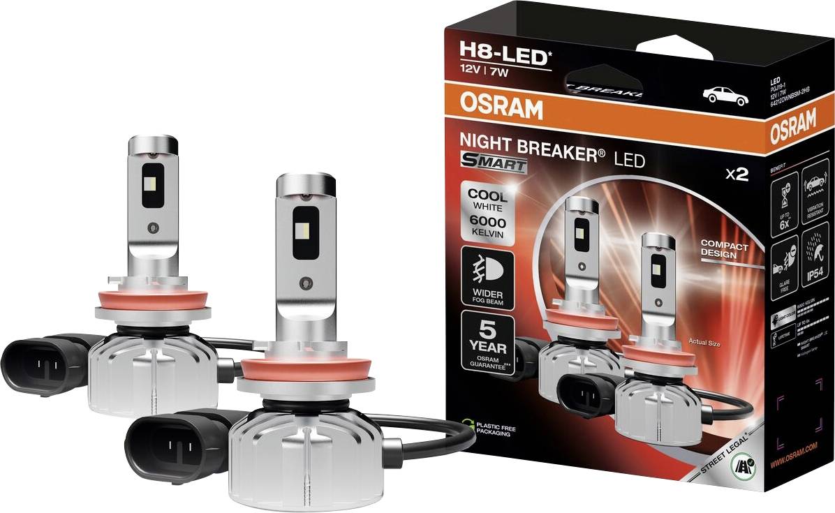 'OSRAM H8-LED Night Breaker', two LED lamp units, packaging in the background, light colour 6000 Kelvin, 5 years warranty.