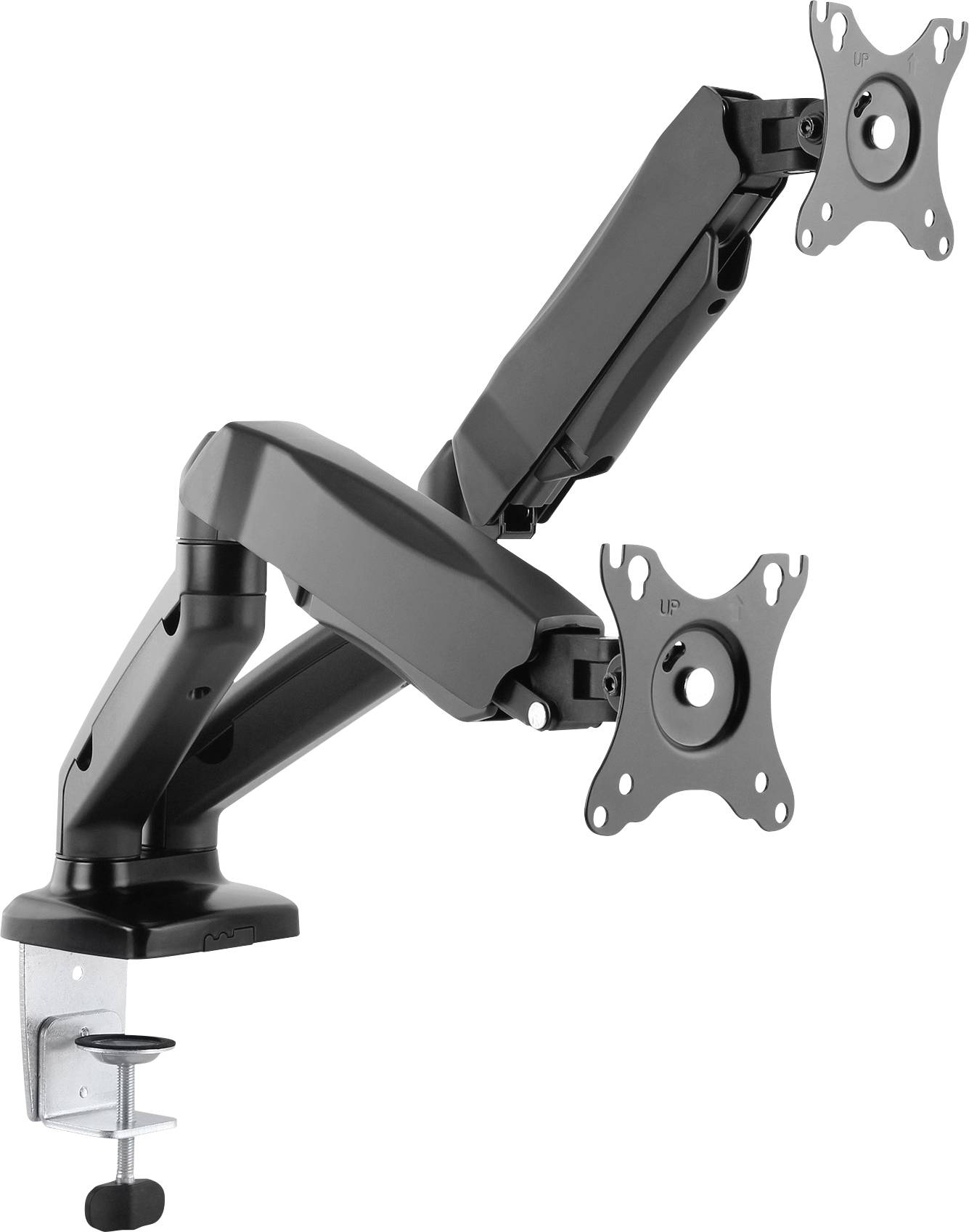 Monitor stand for two screens with adjustable arms, which attaches to a desk using a clamp.
