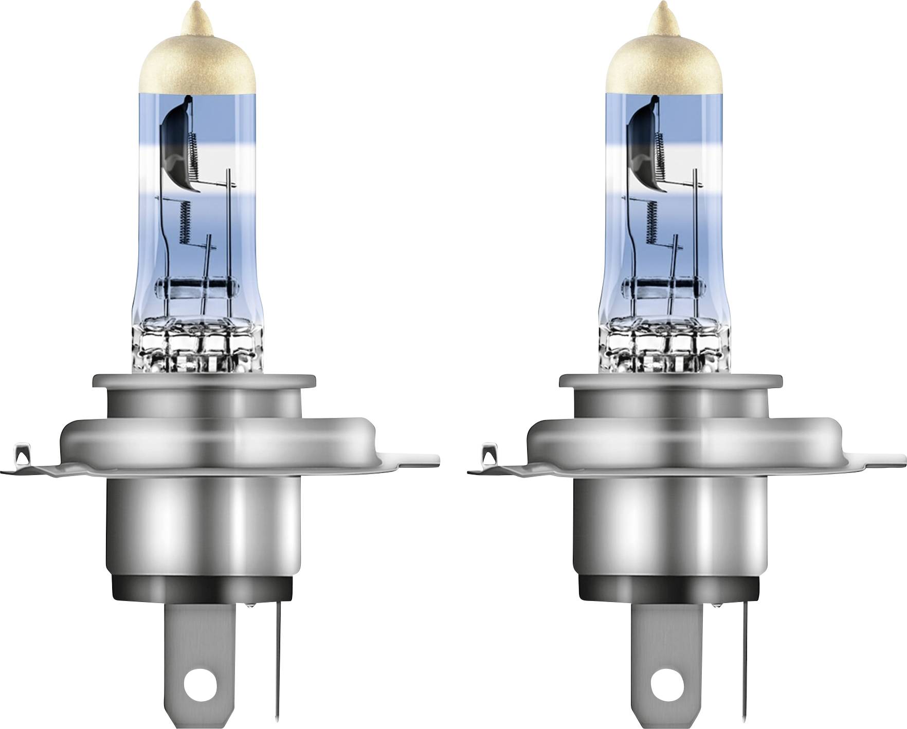 Two halogen lamps with metal base and transparent bulb, used for car headlights.